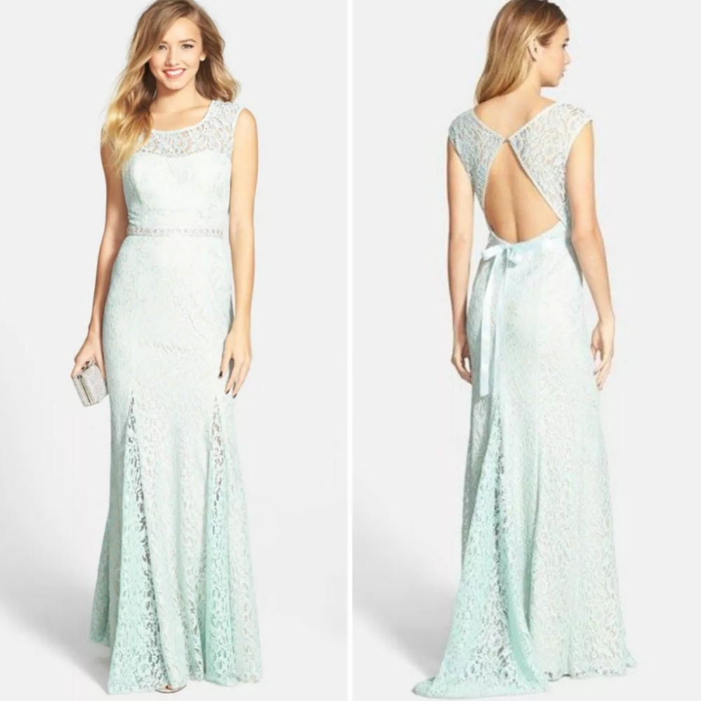 Sequin hearts embellished lace open back gown